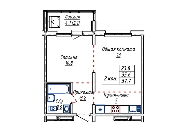 Планировка двухкомнатной квартиры 37,7 кв.м