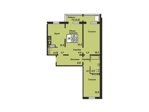 Планировка 3-комнатной квартиры 87,8 кв.м