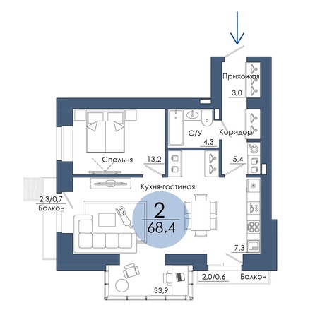 Планировка 2-комн 68,4 м²