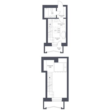 Планировка 2-комн 33,05, 33,56 м²