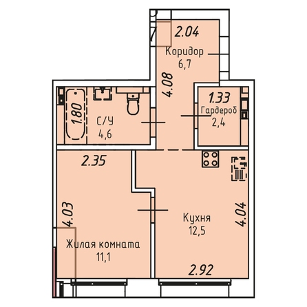 Планировка 1-комн 37,3 м²