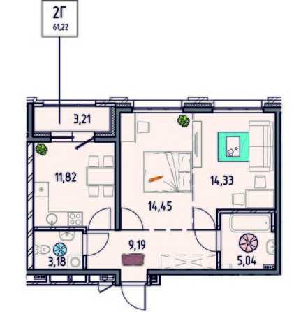 Планировка 2-комн 61,11, 61,22 м²