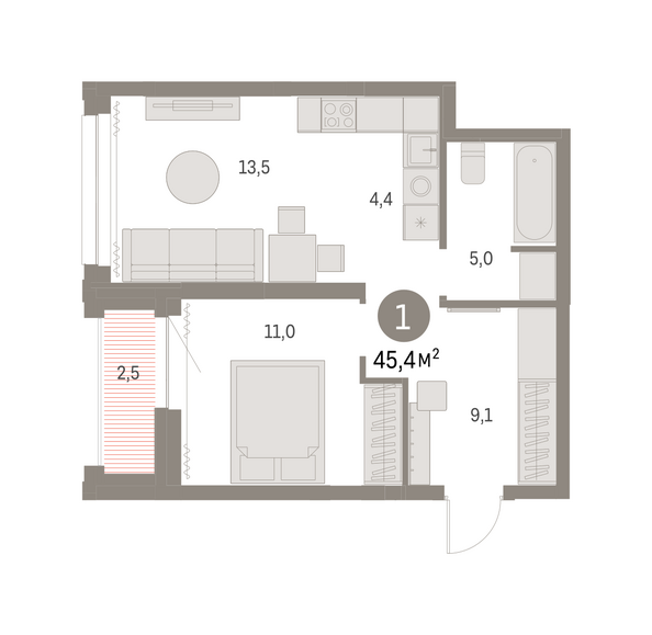 Планировка 1-комн 45,33 м²