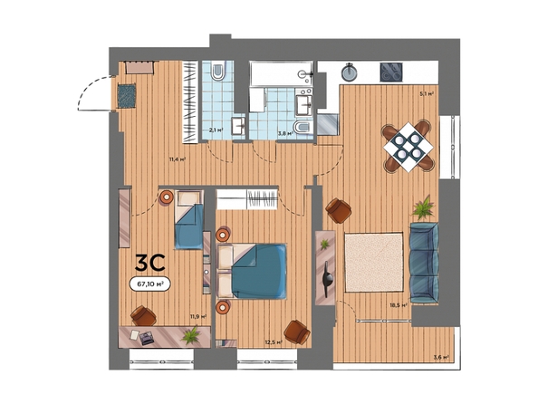 Планировка 3-комн 67,1 м²