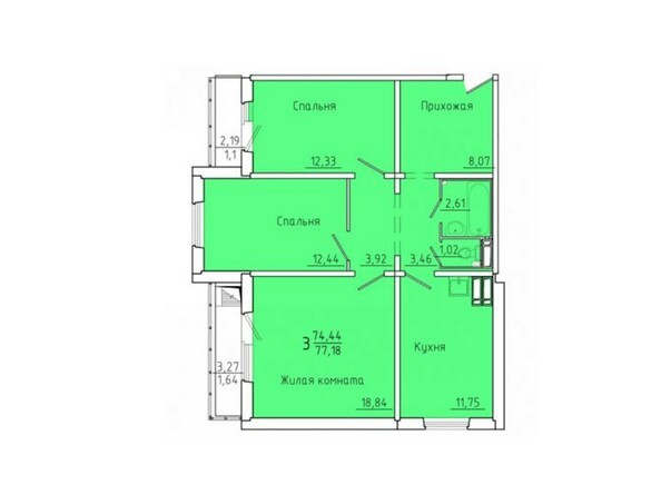 Планировка трехкомнатной квартиры 77,18 кв.м