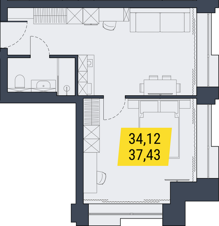 Планировка 1-комн 37,43 - 37,7 м²