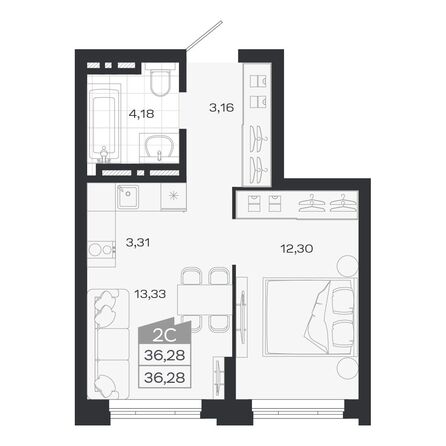 Планировка 2-комн 36,28 - 36,85 м²