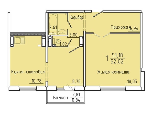 Планировка однокомнатной квартиры 52,02 кв.м