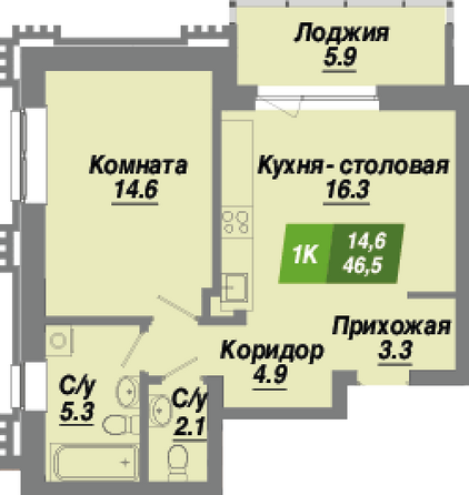 Планировка 1-комн 46,5 м²