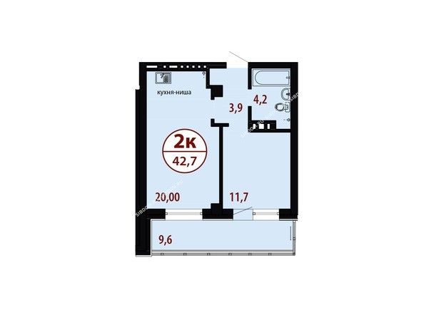 Секция №2. Планировка двухкомнатной квартиры 42,7 кв.м