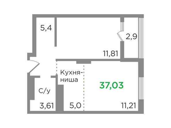 Планировка двухкомнатной квартиры 37,03 кв.м