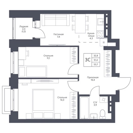 Планировка 2-комн 53,7, 54,6 м²