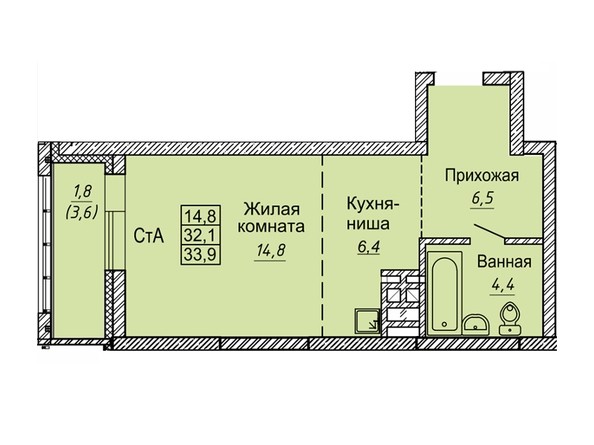 Планировка Студия 33,5 - 34,2 м²
