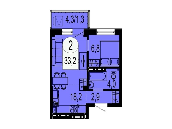 Планировка двухкомнатной квартиры 33,2 кв.м