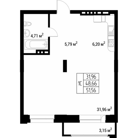 Планировка Студия 49,8, 49,9 м²