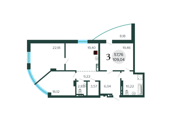 Планировка трехкомнатной квартиры 109,04 кв.м