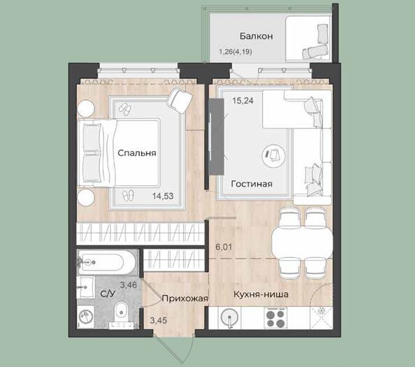 Планировка 2-комн 43,95 м²