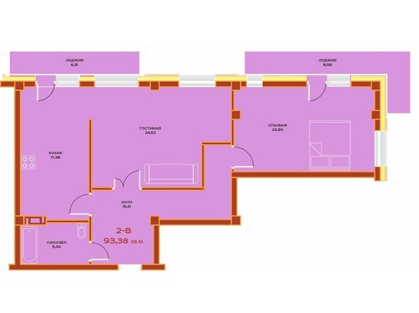 Планировка двухкомнатной квартиры 93,38 кв.м
