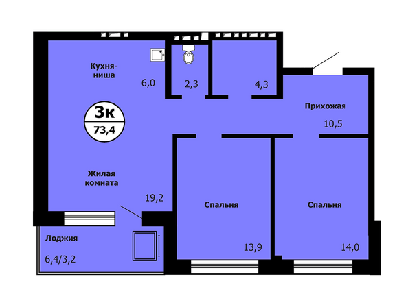Типовая планировка 3-комнатной квартиры 73,4 кв.м