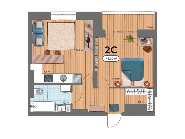 Планировка 2-комн 48,2 м²