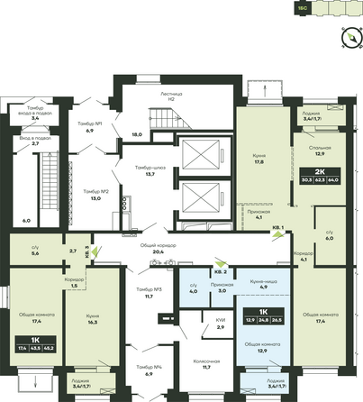 Планировка 2-комн 64 м²