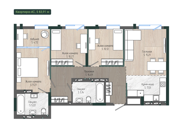 Планировка 4-комн 83,91 м²