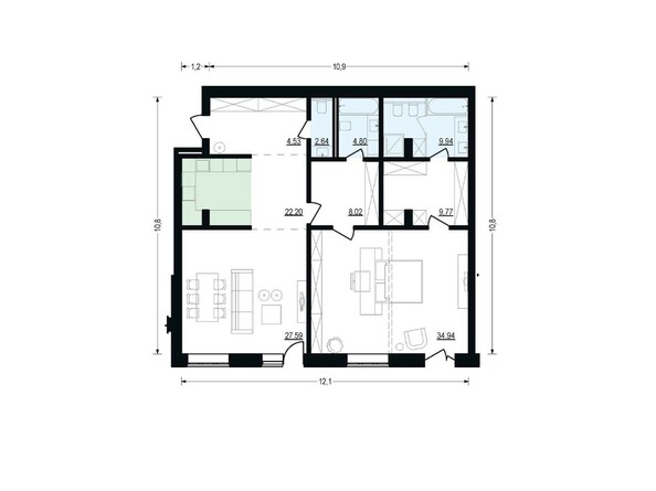 Планировка двухкомнатной квартиры 124,43 кв.м