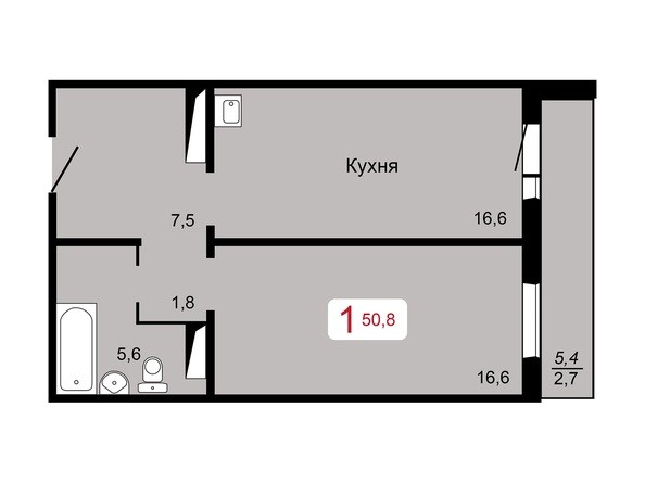 1-комнатная 50,8 кв.м