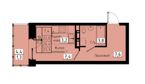 Планировка 1-комн 23,3 м²