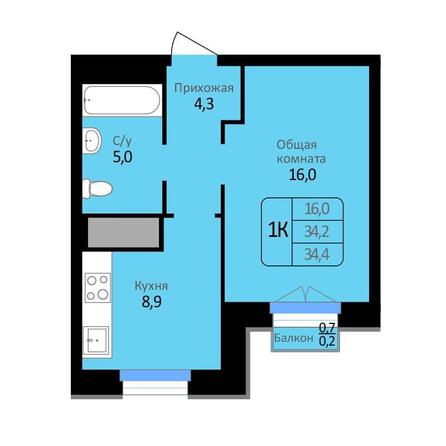 Планировка 1-комн 34,4, 35,1 м²