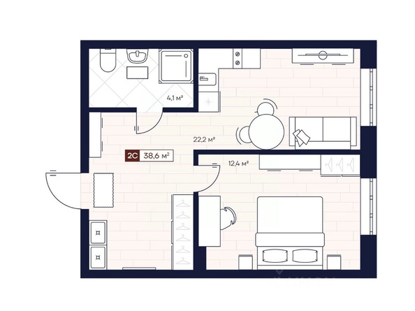 Планировка 1-комн 38,6, 38,64 м²