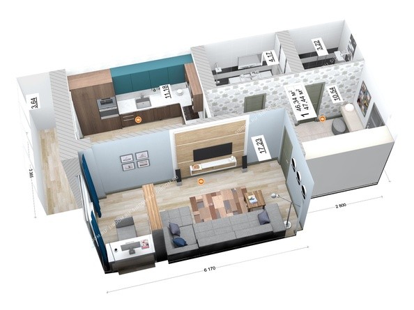 3d-макет 1-комнатной квартиры 47,44 кв.м