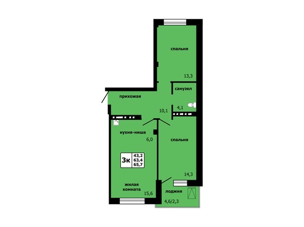 Планировка 3-комнатной квартиры 65,7 кв.м