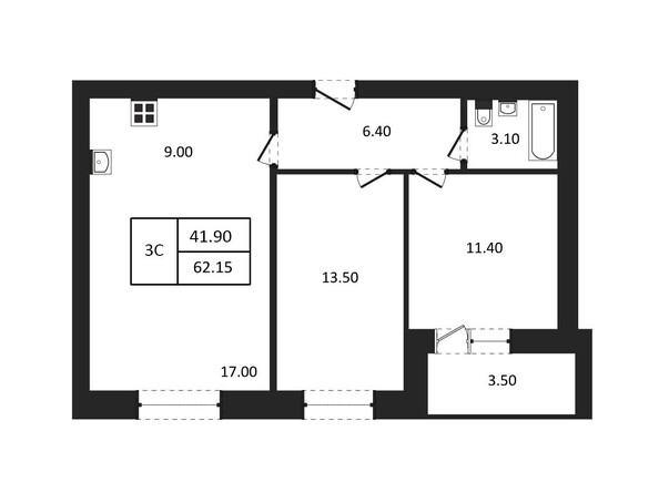 Планировка 3-комн 62,15 м²