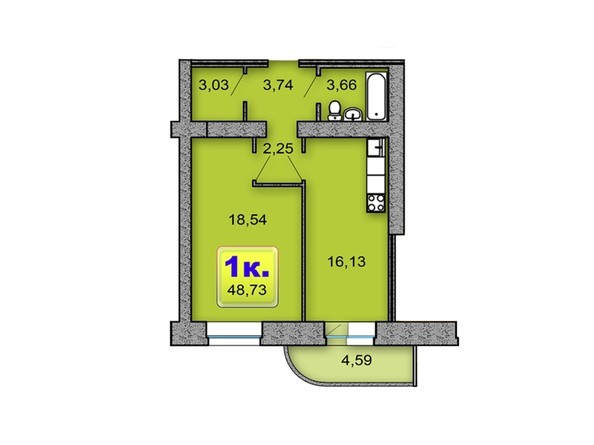 Планировка 1-комнатной квартиры 48,73 кв.м