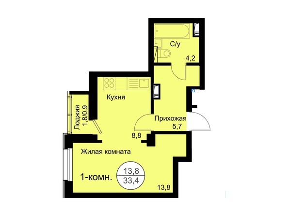 Планировка 1-комнатной квартиры 33,4 кв.м