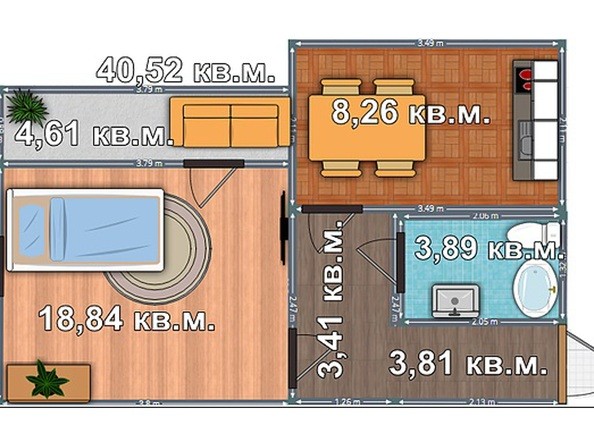 Планировка 1-комнатной квартиры 40,52 кв.м