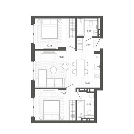 Планировка 3-комн 59,29 м²