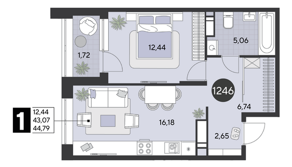 Планировка 1-комн 44,79 м²