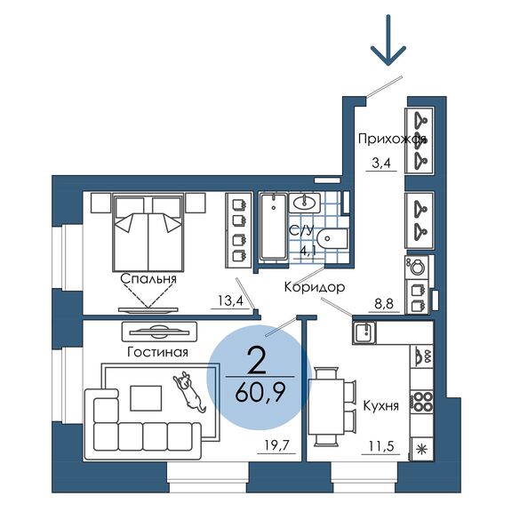Планировка 2-комн 60,9 м²