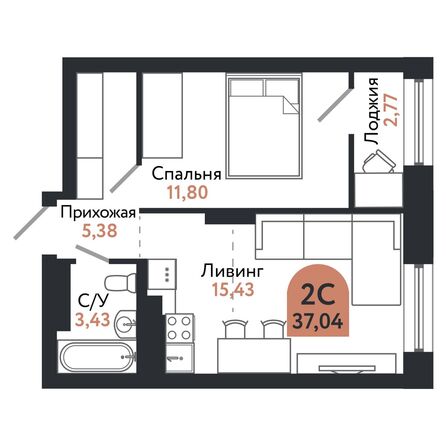 Планировка 2-комн 36,95 - 37,04 м²