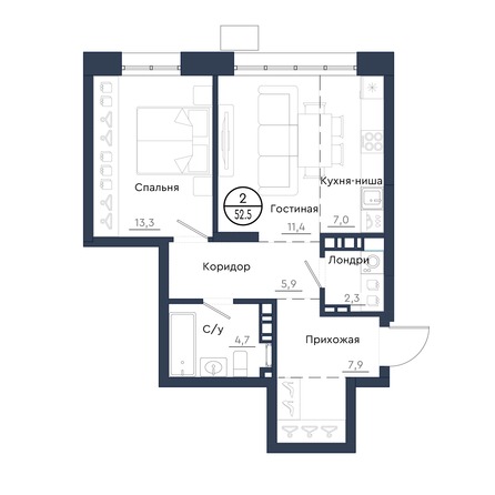 Планировка 2-комн 52,5 м²