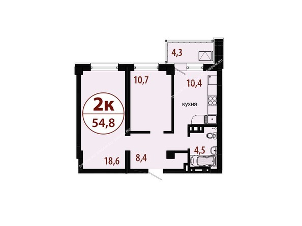 Секция 1. Планировка двухкомнатной квартиры 54,8 кв.м