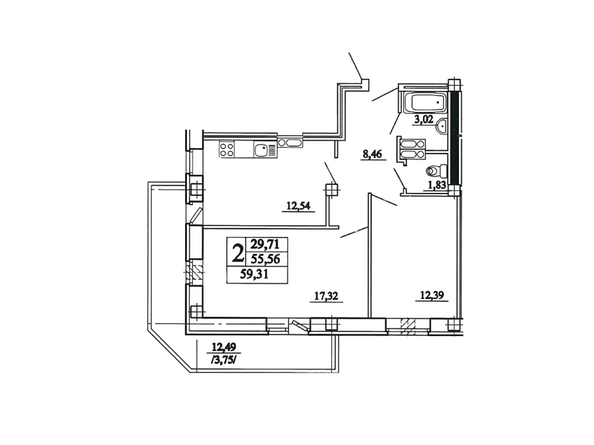 Планировка двухкомнатной квартиры 59,31 кв.м