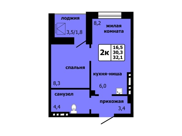 Планировка 2-комнатной квартиры 32,1 кв.м