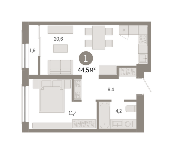 Планировка 1-комн 44,5, 44,89 м²