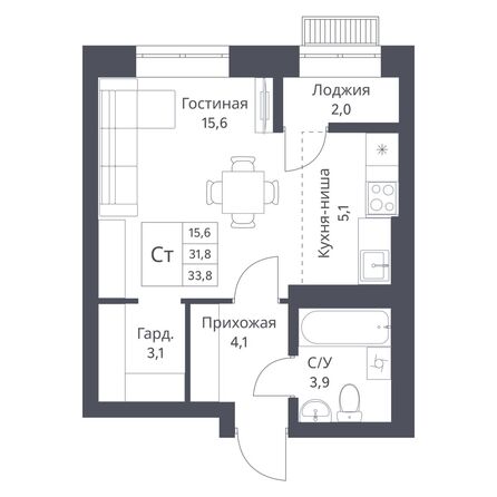 Планировка Студия 33,8 м²