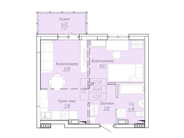 Планировка 2-комн 35,86 - 41,27 м²
