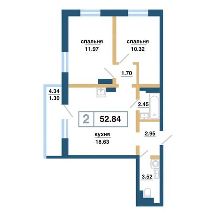 Планировка 2-комн 52,84 м²