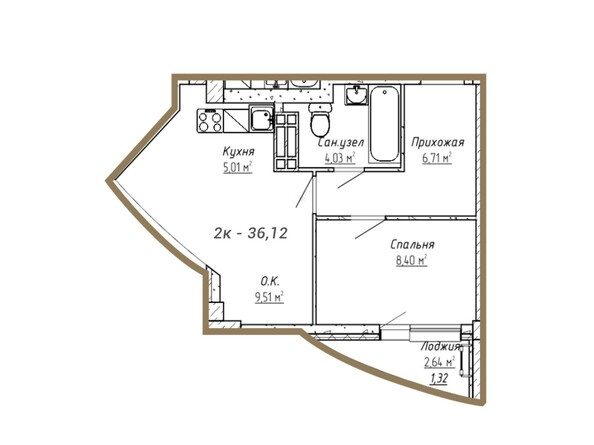 Планировка двухкомнатной квартиры 36,12 кв.м